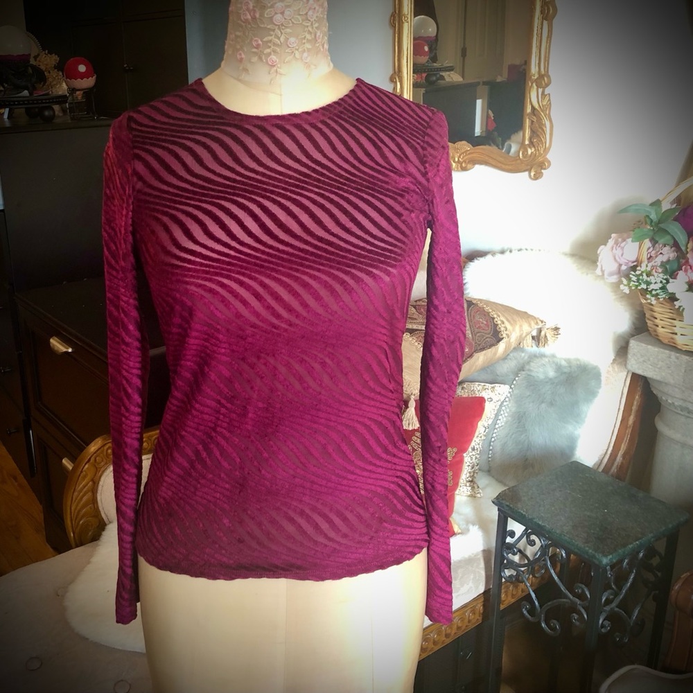 Zara velvet wavy semi-sheer top / tee, hot pink, size S